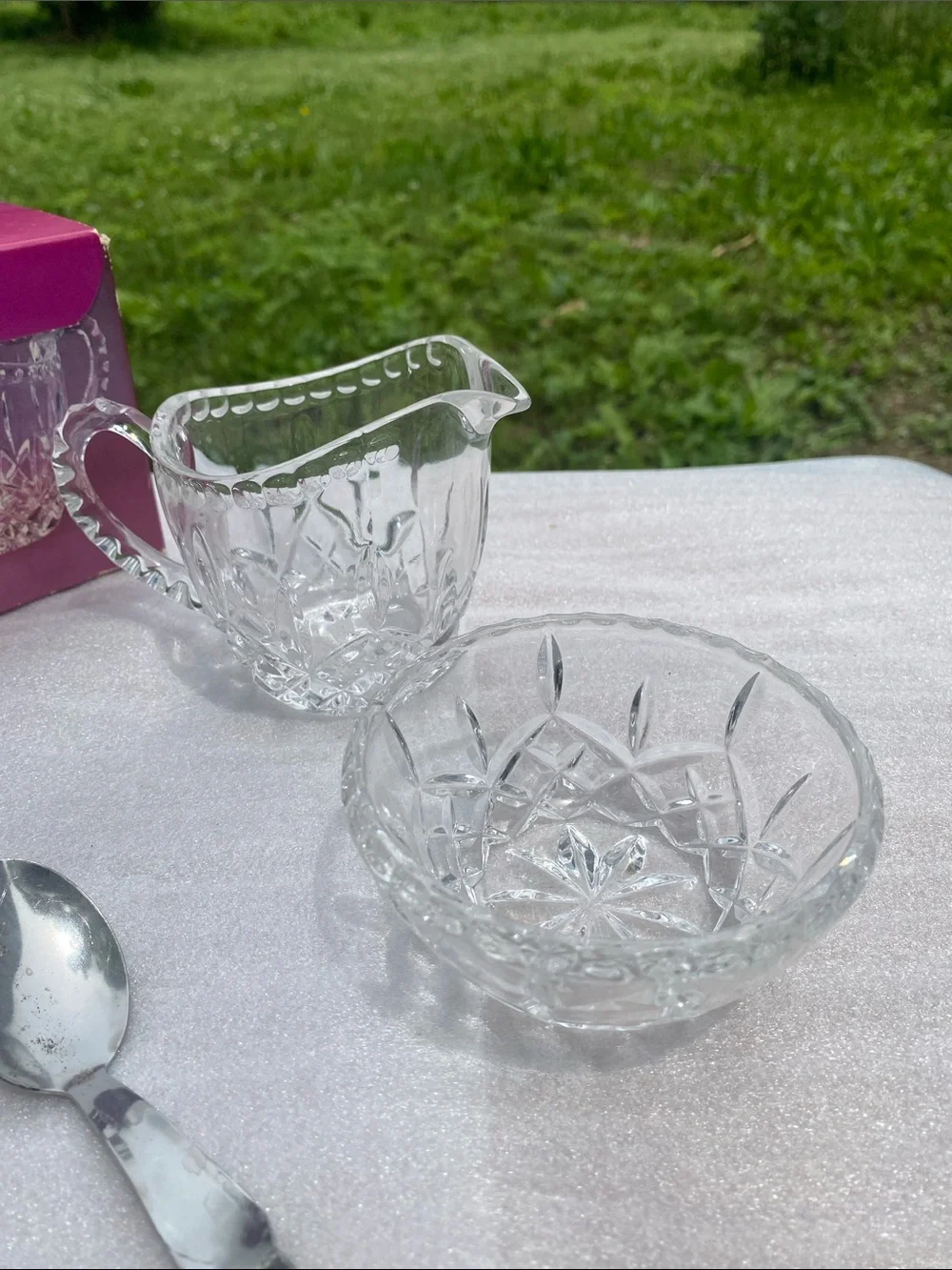 Crystal Gems 24% Lead Crystal Creamer Sugar Bowl Serving Spoon Original Box 1970